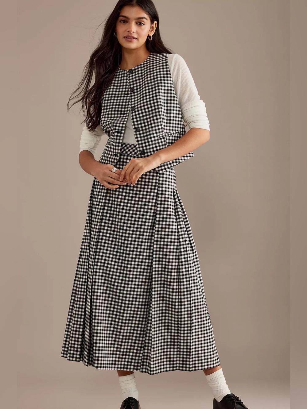 Anthropologie Aligne Kinga Gingham Pleated Maxi Skirt Black/White Size 16